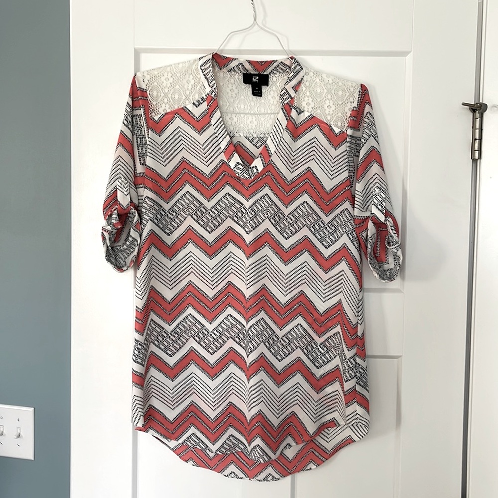 Coral, black and white blouse-Medium